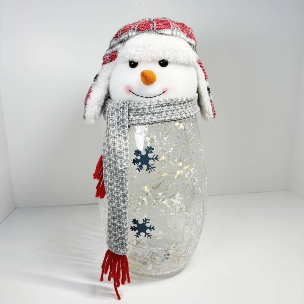 Heritage Home Holiday LED Handcrafted Snowman Crackle Glass Lamp 14" w/ Box